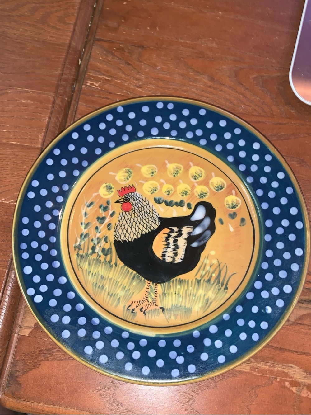 Ambiance Giani Blue and Yellow Rooster Decorative Plate Farmhouse Country Dots